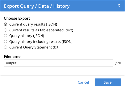 The Export Query / Data / History window