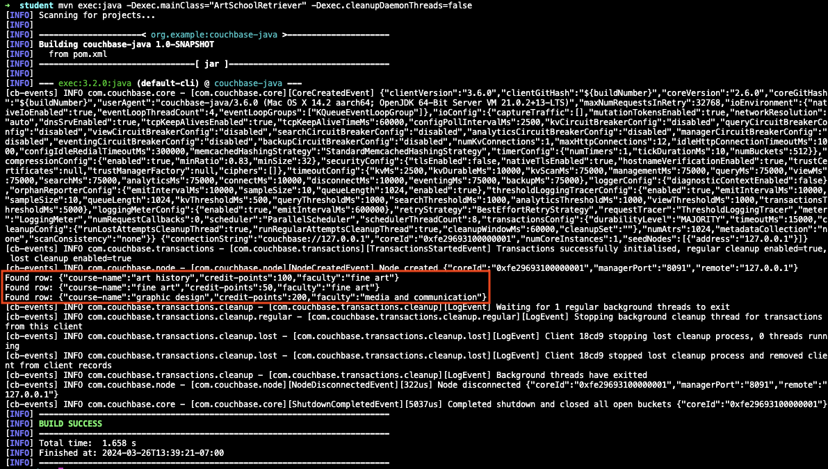 Console showing successful course retrieval using the SDK