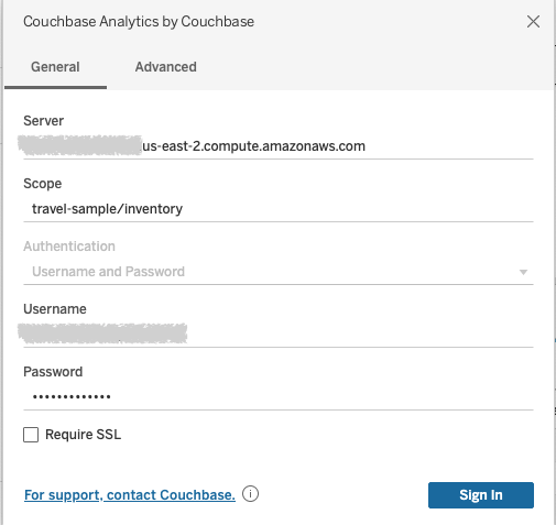 Couchbase Analytics Connector Configuration Popup