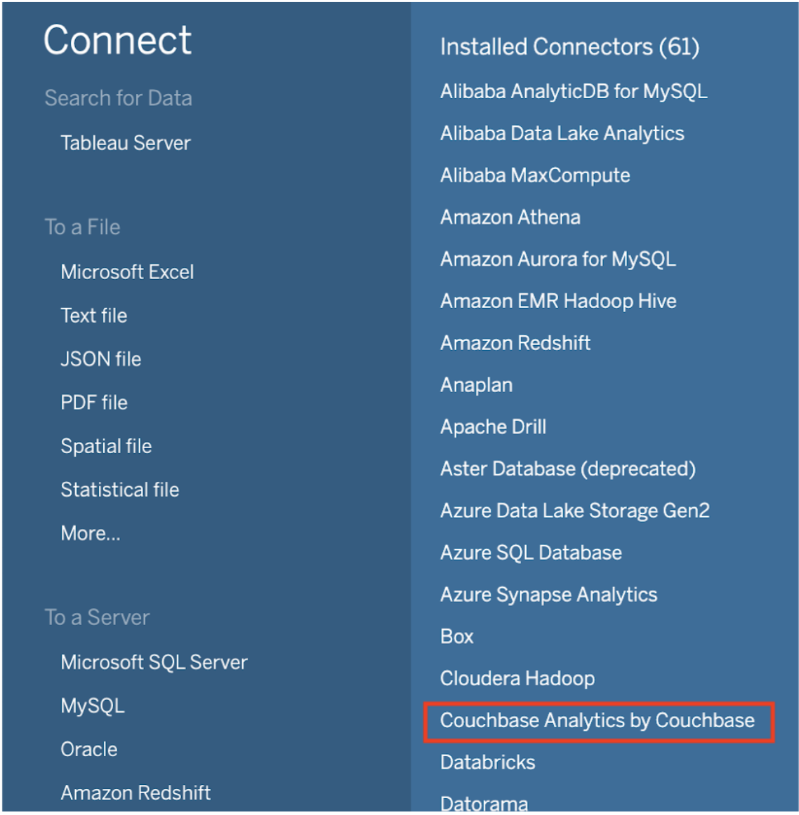 Tableau Connect Menu including Couchbase Analytics by Couchbase